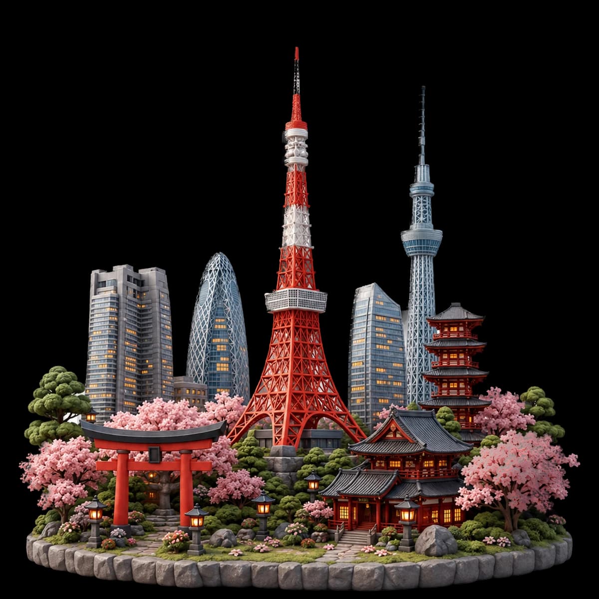 A clay diorama of Tokyo inside a glass snow globe